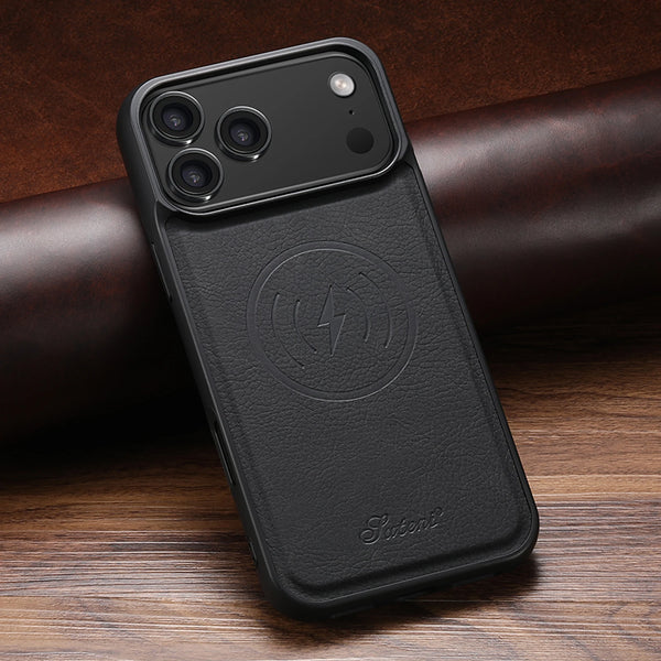 SUTENI Lichee Pattern Luxury Faux Leather Phone Case Magnet Wireless Charging For iPhone 17 Pro Max 16 Plus 15 14 13 12