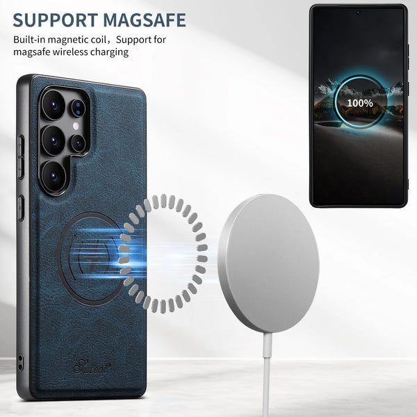 SUTENI Luxury Faux Leather Phone Case Magnet Wireless Charging Frosted Feel For Samsung S26Ultra S25Plus S24 S23 S22 Note20