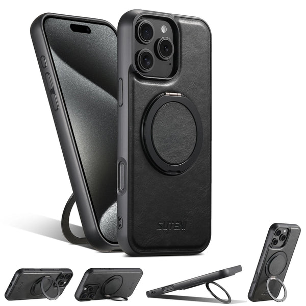 Strong Magnetic Compatible MagSafe Wireless Charging 360° Rotating Ring Stand PU Leather Phone Case For iPhone 17 16 15 14 13 12