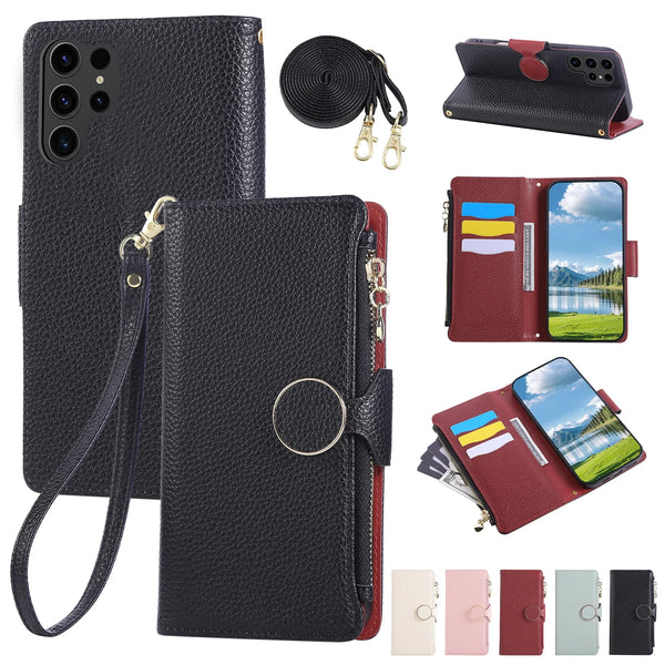 Lanyard Zipper Leather Wallet Case for Samsung Galaxy S25 Ultra Edge S24 Plus S23 FE S22 S25U Kickstand Card Slots Phone Cover