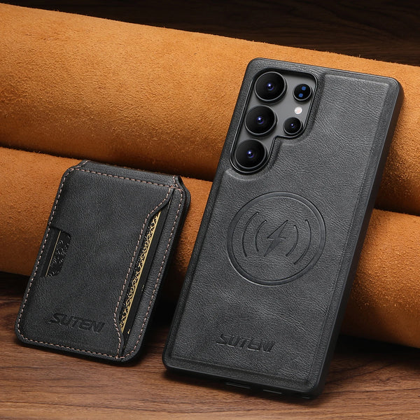 SUTENI Magnet Wireless Charging Luxury Faux Leather Phone Case Card Holder Stand For Samsung Galaxy S26 Ultra S25 S24 S23 S22