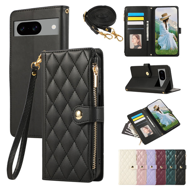 Crossbody Zipper Wallet Case for Google Pixel 10 9 8 7 10Pro 9Pro XL 8Pro 7Pro 7a 8a 9a Kickstand Cards Cash Pocket Phone Cover