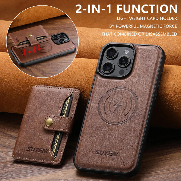 SUTENI Wireless Charging Luxury Faux Leather Magnet Phone Case Card Holder Stand For iPhone 17 Pro Max 16 Plus 15 Pro 14 13 12