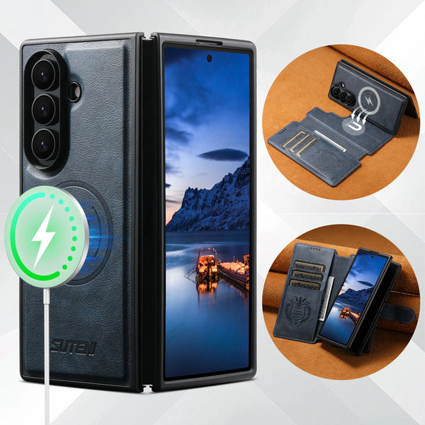 SUTENI Faux Leather Wireless Charging Card Holder Stand Wallet Magnetic Flip Cover Phone Case For Samsung Galaxy Z Fold 7 6