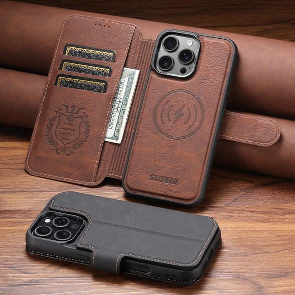 SUTENI Faux Leather Wireless Charging Card Holder Stand Wallet Magnetic Flip Cover Phone Case For iPhone 16 Pro Max 15 Plus 14