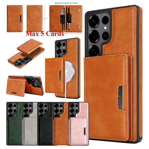 2 in 1 Wireless Charging Leather Case for Samsung Galaxy S25 Ultra S23 Plus S24 S22 Magnetic Cards Holder Card Slots Phone Cover