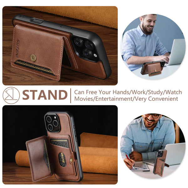 SUTENI Wireless Charging Luxury Faux Leather Magnet Phone Case Card Holder Stand For iPhone 17 Pro Max 16 Plus 15 Pro 14 13 12