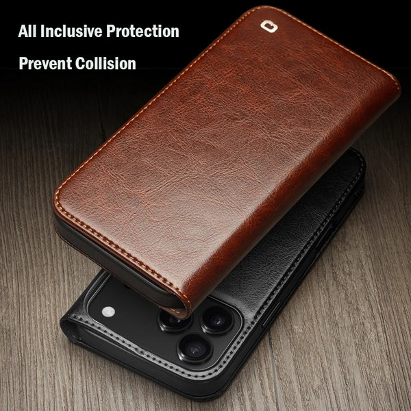 Genuine Leather Flip Case for iPhone 17 Bracket Handmade Business Cover with Card Slots for iPhone 17 Pro Max/17 Air