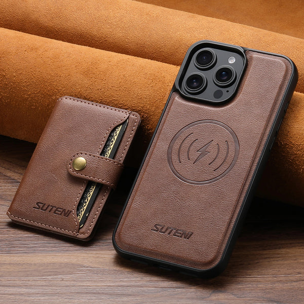 SUTENI Wireless Charging Luxury Faux Leather Magnet Phone Case Card Holder Stand For iPhone 17 Pro Max 16 Plus 15 Pro 14 13 12