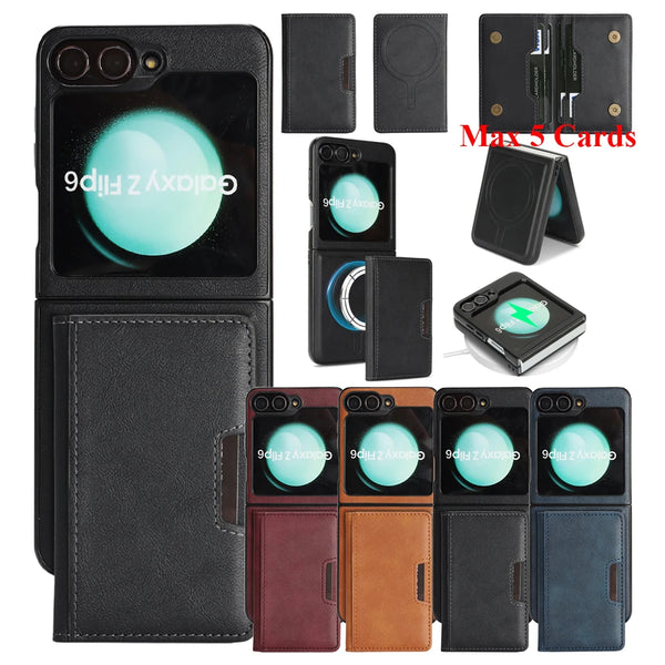 2 in 1 Leather Case For Samsung Galaxy Z Flip 7 6 5 4 3 Fe Flip7 Flip6 Flip5 Wrieless Charging Magnetic Cards Slot Phone Cover