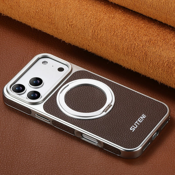 SUTENI Faux Leather Magnet Wireless Charging Phone Case 360° Rotating Stand Ring Buckle Frosted Feel For iPhone 17 Pro Max 16 15