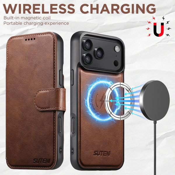 SUTENI Faux Leather Wireless Charging Card Holder Stand Wallet Magnetic Flip Cover Phone Case For iPhone 17 Pro Max 16 Plus 15