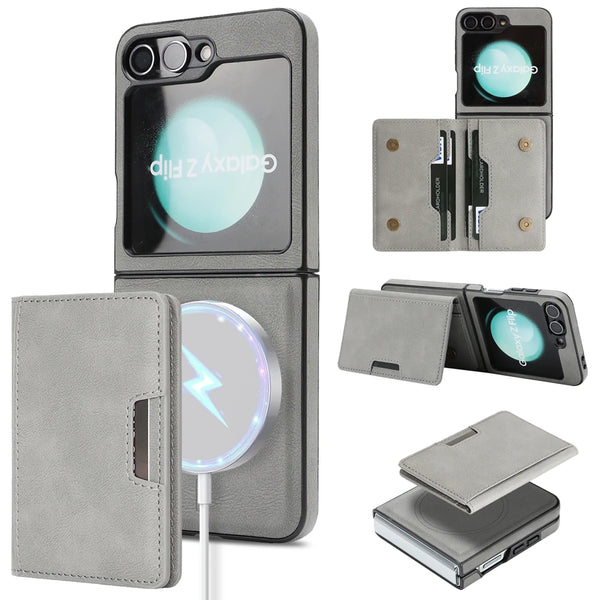 2 In 1 Leather Case For Samsung Galaxy Z Flip 7 6 5 4 3 Flip7 Flip6 Cards Slots Kickstand Wireless Charging Magnetic Phone Cover