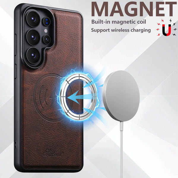 SUTENI Luxury Faux Leather Phone Case Magnet Wireless Charging Frosted Feel For Samsung Galaxy S26 Ultra S25 Plus S24 S23+