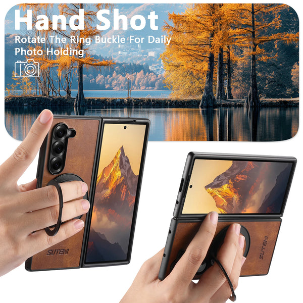 SUTENI Magnet Wireless Charging Phone Case Oil Wax Faux Leather 360° Rotating Stand Buckle For Samsung Galaxy Z Fold 7 6 5