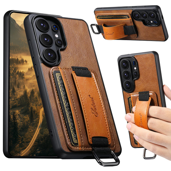 SUTENI Phone Case Wrist Strap Ring Buckle Faux Leather Card Holder Stand For Samsung Galaxy S26 Ultra S25 Plus S24 S23