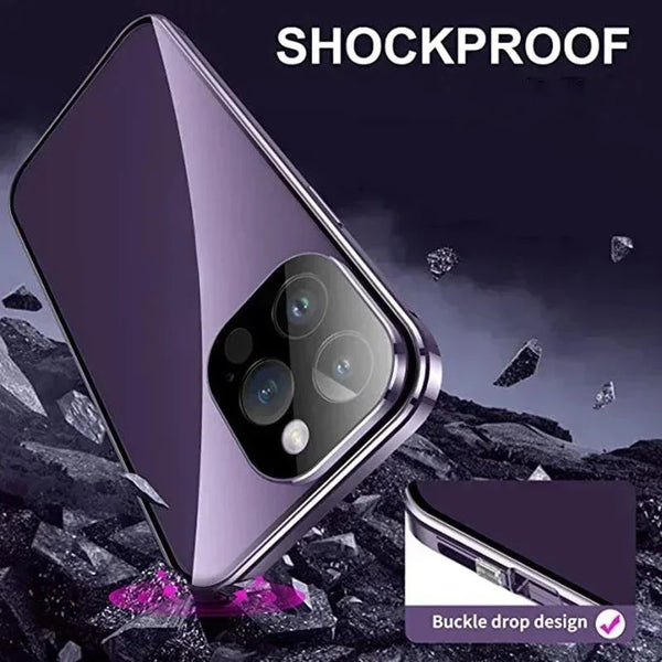 360 ° Full Protection Metal Magnetic Double-Sided Glass Snap Lock Privacy Case For iPhone 17 16 15 14 Plus 13 12 11 Pro Max 16E