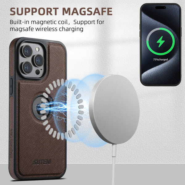 Suteni 2-in-1 Magnetic MagSafe Wireless Charging Case Bracket Card Holder Leather Phone Case for iPhone 16 Pro Max 15 Plus 14 13