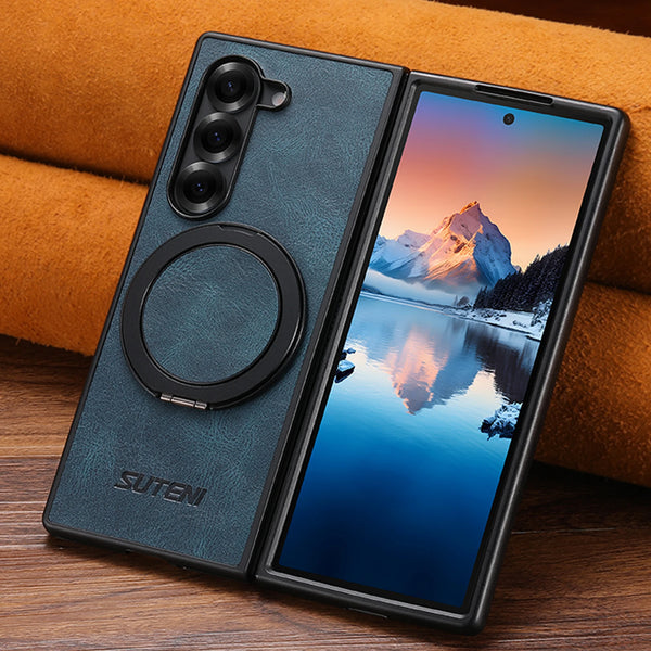 SUTENI Magnet Wireless Charging Phone Case Oil Wax Faux Leather 360° Rotating Stand Buckle For Samsung Galaxy Z Fold 7 6 5