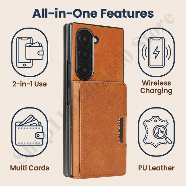2 in 1 Leather Case for Samsung Galaxy Z Fold 7 6 5 4 3 Fold7 Fold6 Fold5 Fold4 Fold3 Card Slots Wireless Charger Phone Cover