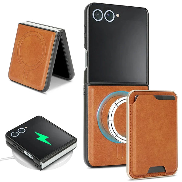 2 in 1 Magnetic Leather Case for Samsung Galaxy Z Flip 7 6 5 4 3 Flip7 Flip6 Wireless Charging Cards Holder Slots Phone Cover