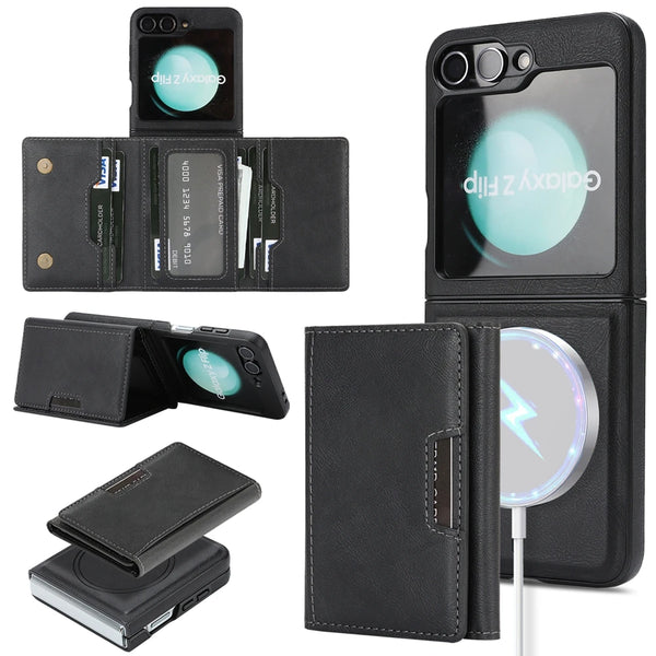 2 in 1 Leather Magnetic Case for Samsung Galaxy Z Flip 7 6 5 4 3 Kickstand 7 Cards Slots Holder Wireless Charging Phone Cover