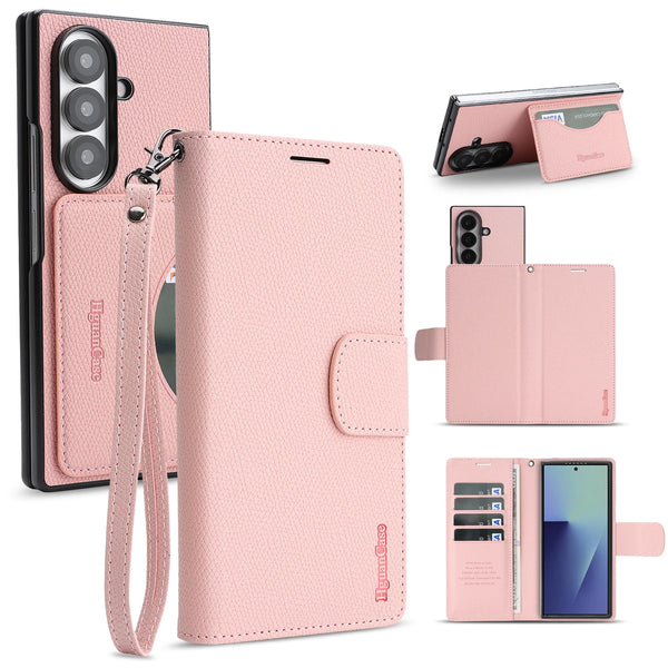 2 in 1 Leather Wallet Case for Samsung Galaxy Z Fold 7 6 5 4 3 Fold7 Fold6 Fold5 Cash Card Slots Phone Cover WIth Hand Strap