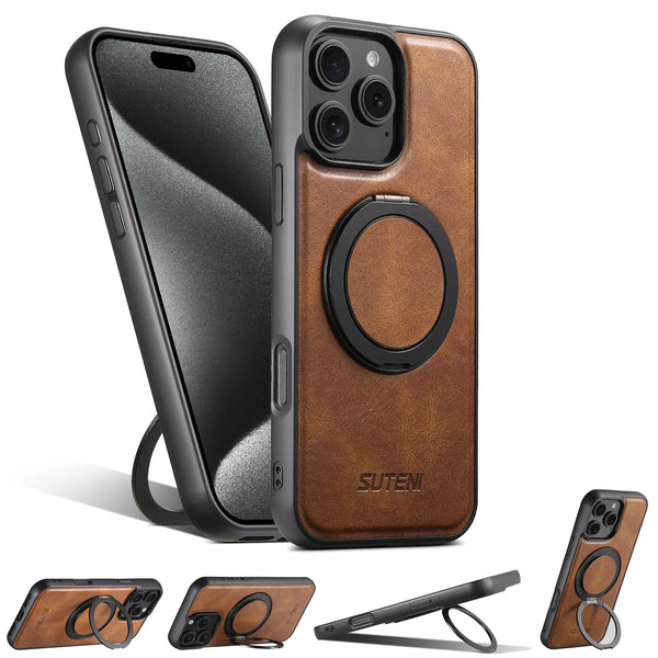 Strong Magnetic Compatible MagSafe Wireless Charging 360° Rotating Ring Stand PU Leather Phone Case For iPhone 17 16 15 14 13 12
