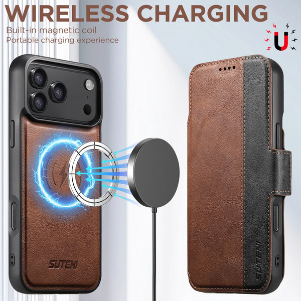 SUTENI Magnetic Flip Cover Phone Case Wireless Charging Card Holder Stand Wallet Faux Leather For iPhone 17 Pro Max 16 Plus 15