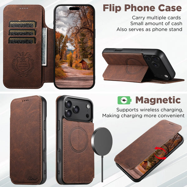 SUTENI Flip Cover Phone Case Wireless Charging Faux Leather Card Holder Stand Wallet Magnet For iPhone 17 Pro Max 16 Plus 15 14