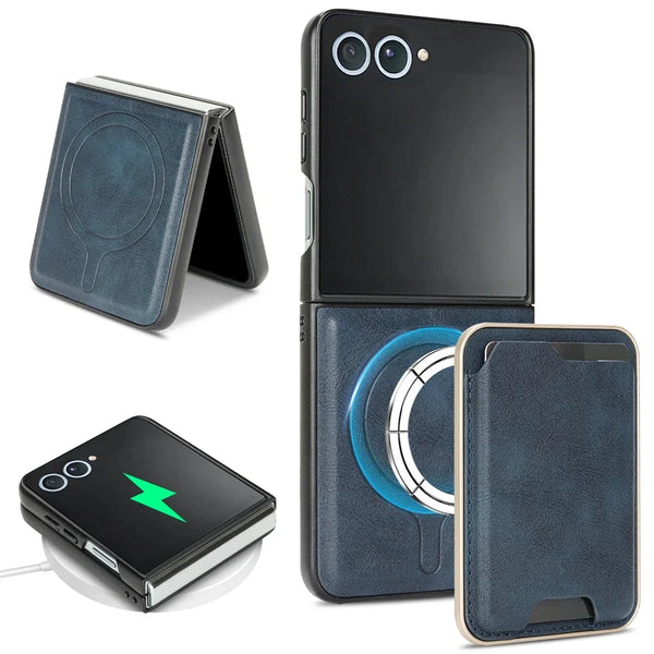 2 in 1 Magnetic Leather Case for Samsung Galaxy Z Flip 7 6 5 4 3 Flip7 Flip6 Wireless Charging Cards Holder Slots Phone Cover