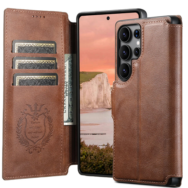 SUTENI PU Leather Wireless Charging Card Holder Stand Wallet Magnetic Flip Cover Phone Case For Samsung Galaxy S25 Ultra S24 S23
