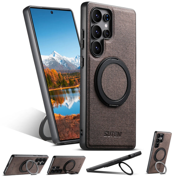 SUTENI Magnet Wireless Charging Phone Case Faux Leather 360° Rotating Stand Ring Buckle For Samsung Galaxy S26Ultra S25 S24 S23