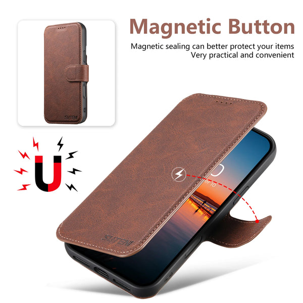SUTENI Faux Leather Wireless Charging Card Holder Stand Wallet Magnetic Flip Cover Phone Case For iPhone 16 Pro Max 15 Plus 14