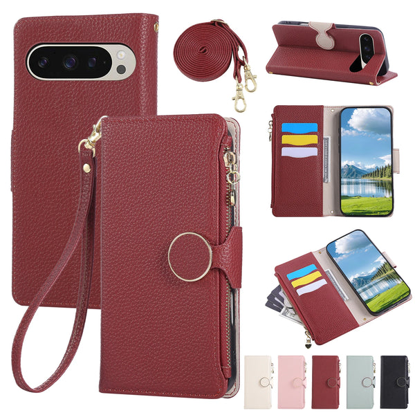 Lanyard Zipper Leather Wallet Case for Google Pixel 10 7 8 9 7A 8A 9A 10Pro 9Pro XL 8Pro 7Pro Pro Cards Cash Pocket Phone Cover