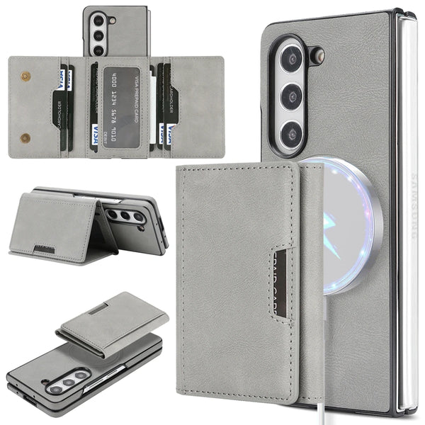 2 in 1 Leather Case for Samsung Galaxy Z Fold 7 6 5 4 3 Fold7 Magnetic Wireless Charging 7 Card Slots Kickstand Phone Cover