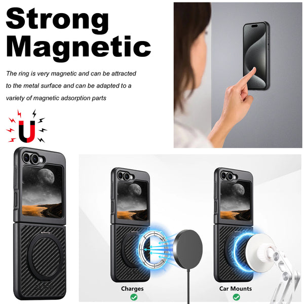 SUTENI Mobile Phone Case Magnet Wireless Charging 360° Rotating Stand Faux Leather Ring Buckle For Samsung Galaxy Z Flip 7 6 5
