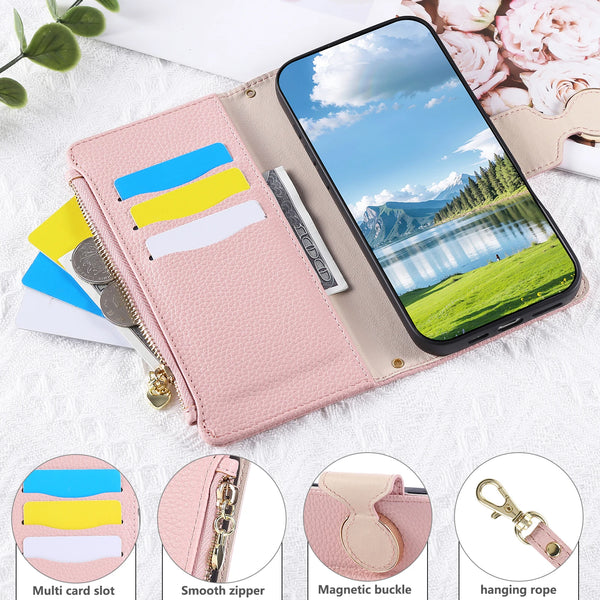 Lanyard Zipper Leather Wallet Case for Iphone 17 Promax Air 16 Pro Max 15 Plus 14 13 12 Kickstand Card Slots Holder Phone Cover