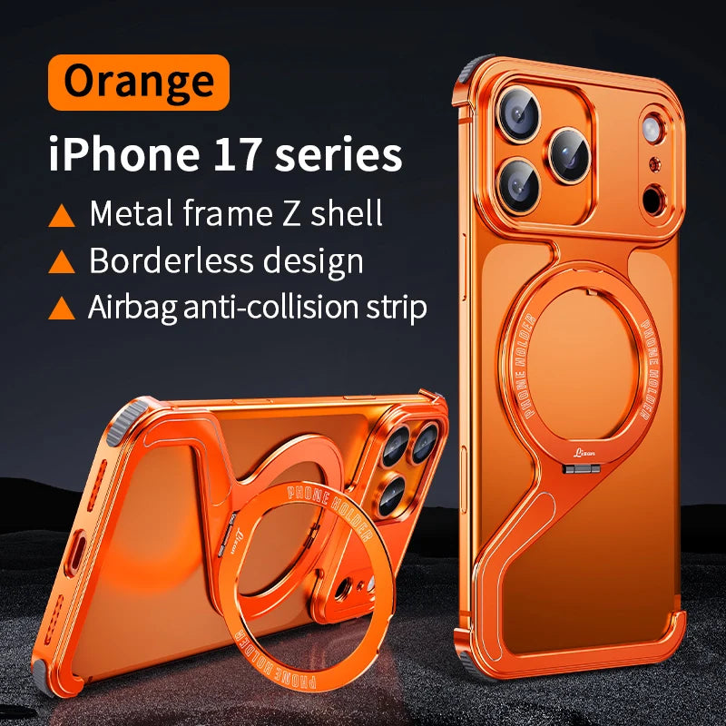 Z-Shaped Metal Frame Magsafe Phone Case For iPhone 17 16 15 14 13 Pro Max Aluminum Frameless Magnetic Bracket Shockproof Cover
