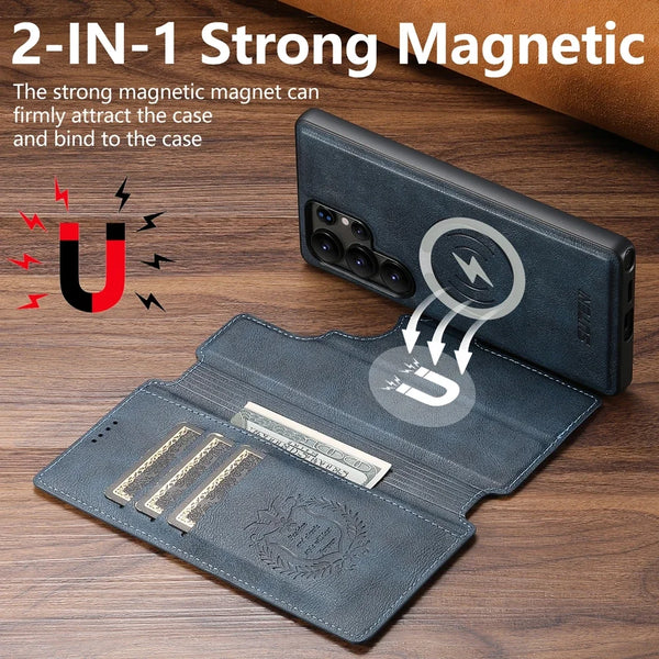 2 In 1 Flip Wallet Leather Case For Samsung Galaxy S25 S24 S23 S22 Ultra S25U Magnetic Card Holder Wrieless Charging Phone Cover