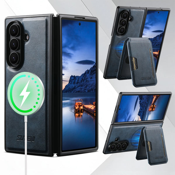 SUTENI Magnet Wireless Charging Luxury Faux Leather Phone Case Card Holder Stand For Samsung Galaxy Z Fold 7 6