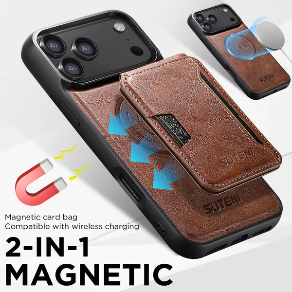 SUTENI 2in1 Magnet Wireless Charging Faux Leather Phone Case Card Holder Bag Stand For iPhone 17 Pro Max 16 Plus 15 14 13 12