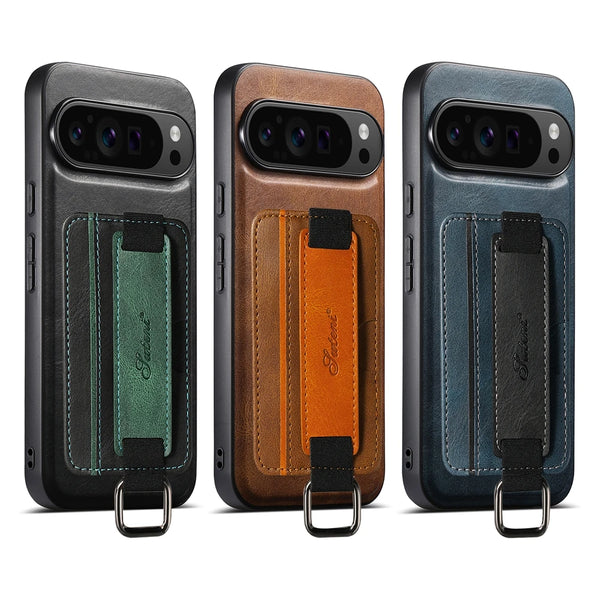 Leather Case For Google Pixel 10 10Pro 9 9ro 8 8A 8Pro XL Pro 7 7A 7Pro Card Slots Cards Holder Hand Hold Wristband Phone Cover
