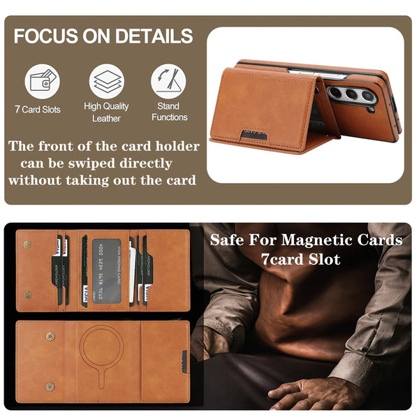 2 in 1 Leather Case for Samsung Galaxy Z Fold 7 6 5 4 3 Fold7 Magnetic Wireless Charging 7 Card Slots Kickstand Phone Cover