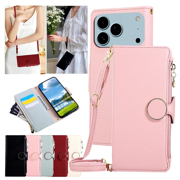 Lanyard Zipper Leather Wallet Case for Iphone 17 Promax Air 16 Pro Max 15 Plus 14 13 12 Kickstand Card Slots Holder Phone Cover