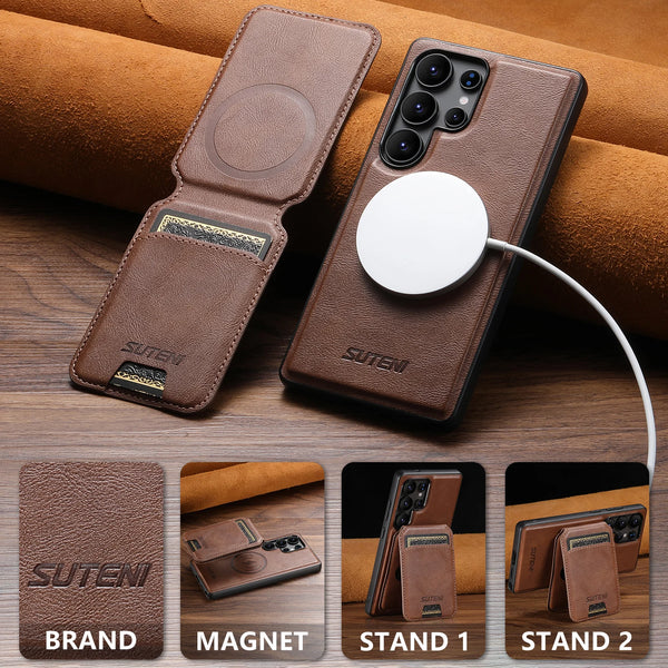 Wireless Charging Magnet Faux Leather Phone Case Card Holder Stand Smooth Surface Wallet 2-in-1 For Samsung Galaxy S26 Ultra S25