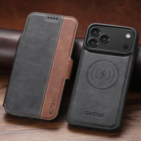 SUTENI Magnetic Flip Cover Phone Case Wireless Charging Card Holder Stand Wallet Faux Leather For iPhone 17 Pro Max 16 Plus 15