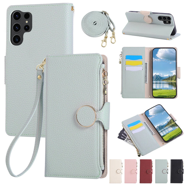 Lanyard Zipper Leather Wallet Case for Samsung Galaxy S25 Ultra Edge S24 Plus S23 FE S22 S25U Kickstand Card Slots Phone Cover