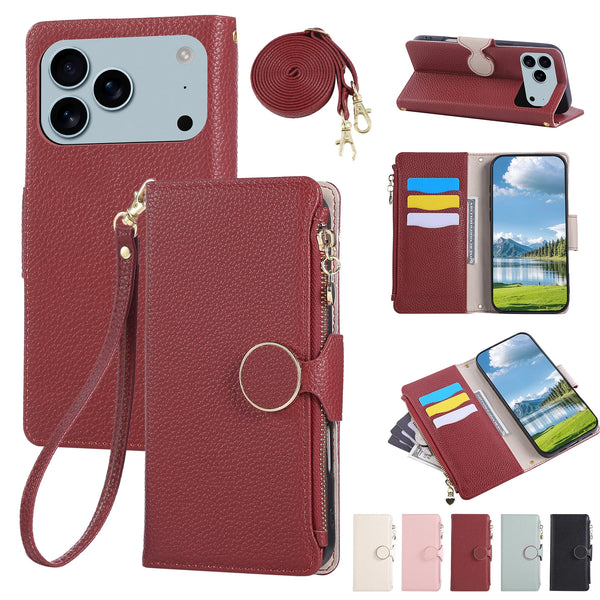 Lanyard Zipper Leather Wallet Case for Iphone 17 Promax Air 16 Pro Max 15 Plus 14 13 12 Kickstand Card Slots Holder Phone Cover