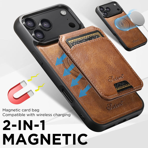 SUTENI Wireless Charging Faux Leather Magnet Card Holder Stand Picture Frame Phone Case For iPhone 17 Pro Max 16 Plus 15 14 13